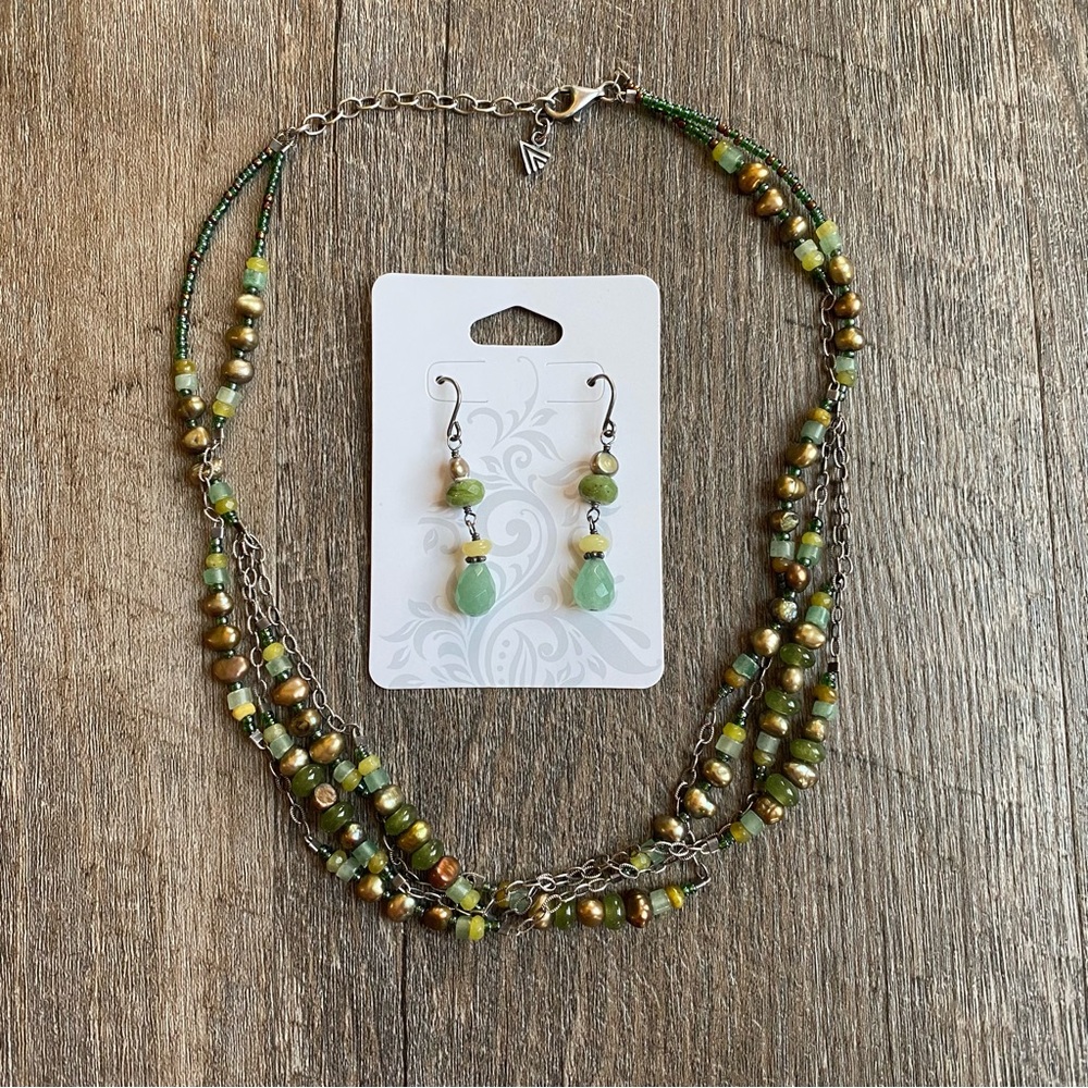 2 Set RARE Earrings&Necklace Green Freshwater Pearls, Jade, Aventurine, Sterling
